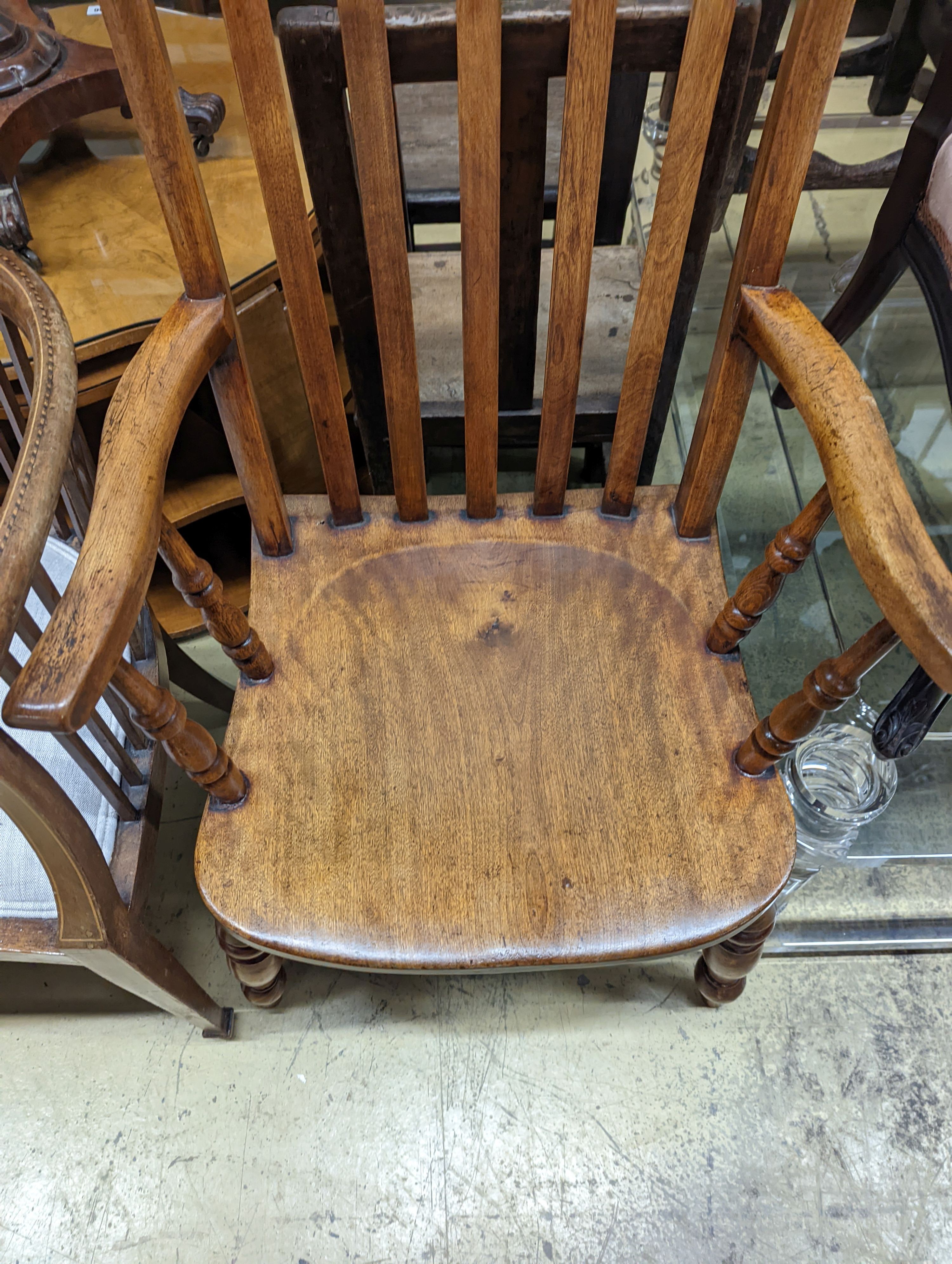 A Victorian elm and beech Windsor lathe back armchair, width 57cm, depth 45cm, height 118cm